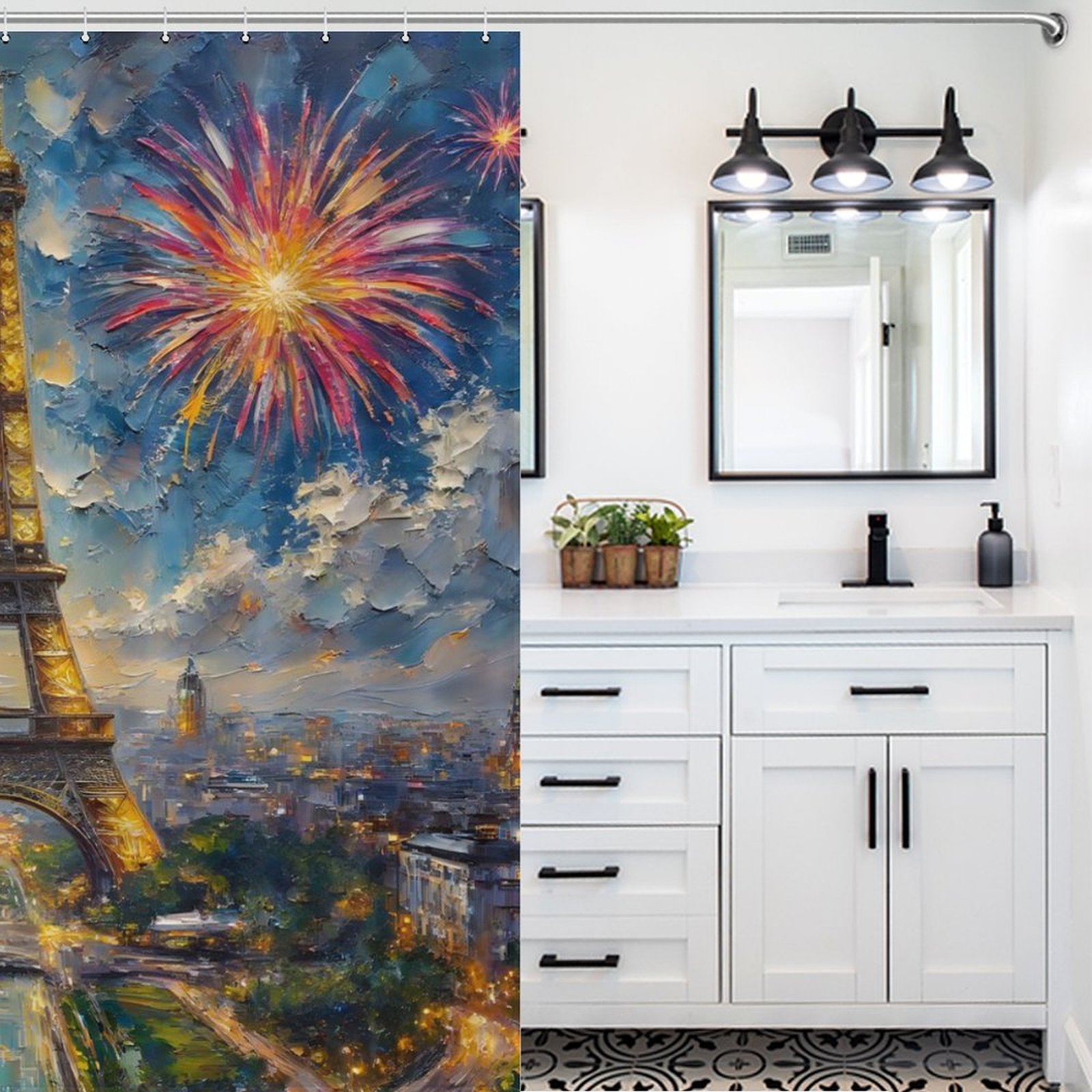Iron Tower Print Shower Curtain Art Style Bathroom Decor Shower Curtain with 12 Hooks,66inx72in