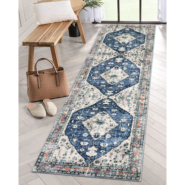 LAICAIW Boho Tribal Runner Rug-2x8 Blue Washable Runners for Hallways Bathroom Rug, Oriental Soft Non Slip Low Pile Pet Friendly Kitchen Mat Carpet Runner for Apartment Bar Hall Front Door