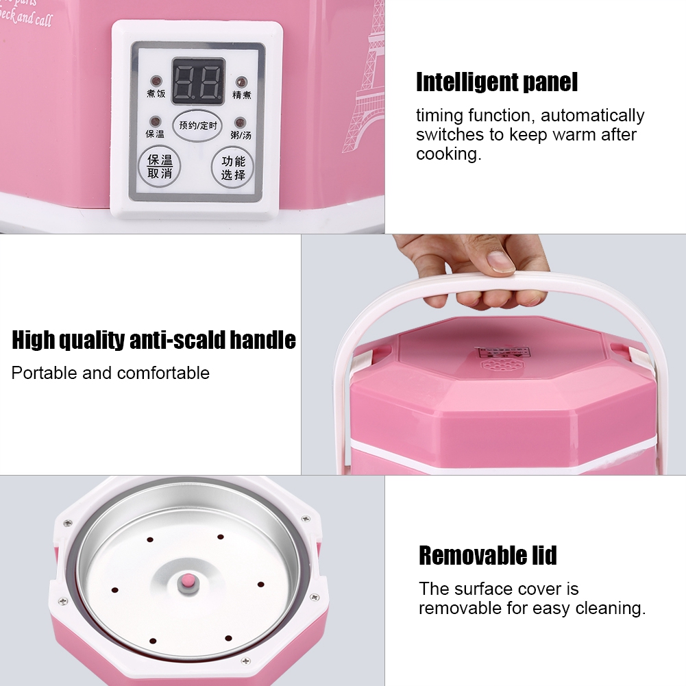 Multi-Function Cooking Pot for On-the-Go Portable 1.2L 200W Mini Rice Cooker with Dual Steaming Layer, Pink