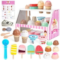 Ice Cream Toy, Wooden Pretend Play Toys Play Store for Kids, Wooden Ice Cream Play Set with Scoop, Menu, Fake Money, Ice Cream Toys Play Kitchen Food Gifts for 3 4 5 6 Year Old Toddlers Girls Boys