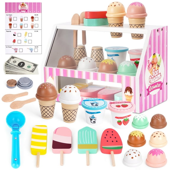 Ice Cream Toy, Wooden Pretend Play Toys Play Store for Kids, Wooden Ice Cream Play Set with Scoop, Menu, Fake Money, Ice Cream Toys Play Kitchen Food Gifts for 3 4 5 6 Year Old Toddlers Girls Boys