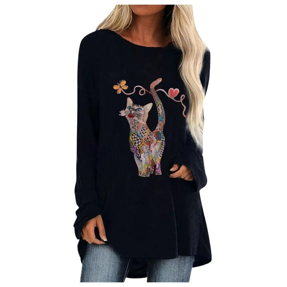Scyoekwg Womens Long Sleeve Tunic Tops to Wear with Leggings Casual Personality Printing Round Neck Long Tunic Tops Loose Lightweight Blouse Pullover Tops #A02-Black XXXL