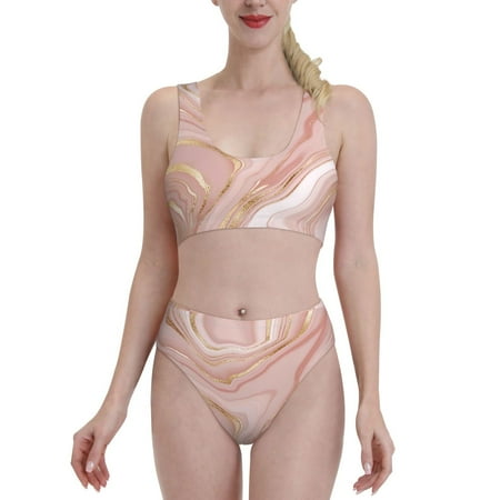 Bixox Rose Gold Glitter Splatter Pattern Two-Piece Sports Bikini with U-Shaped Top and High-Waist Bottom - Women s Swimwear with Removable Bra Pads
