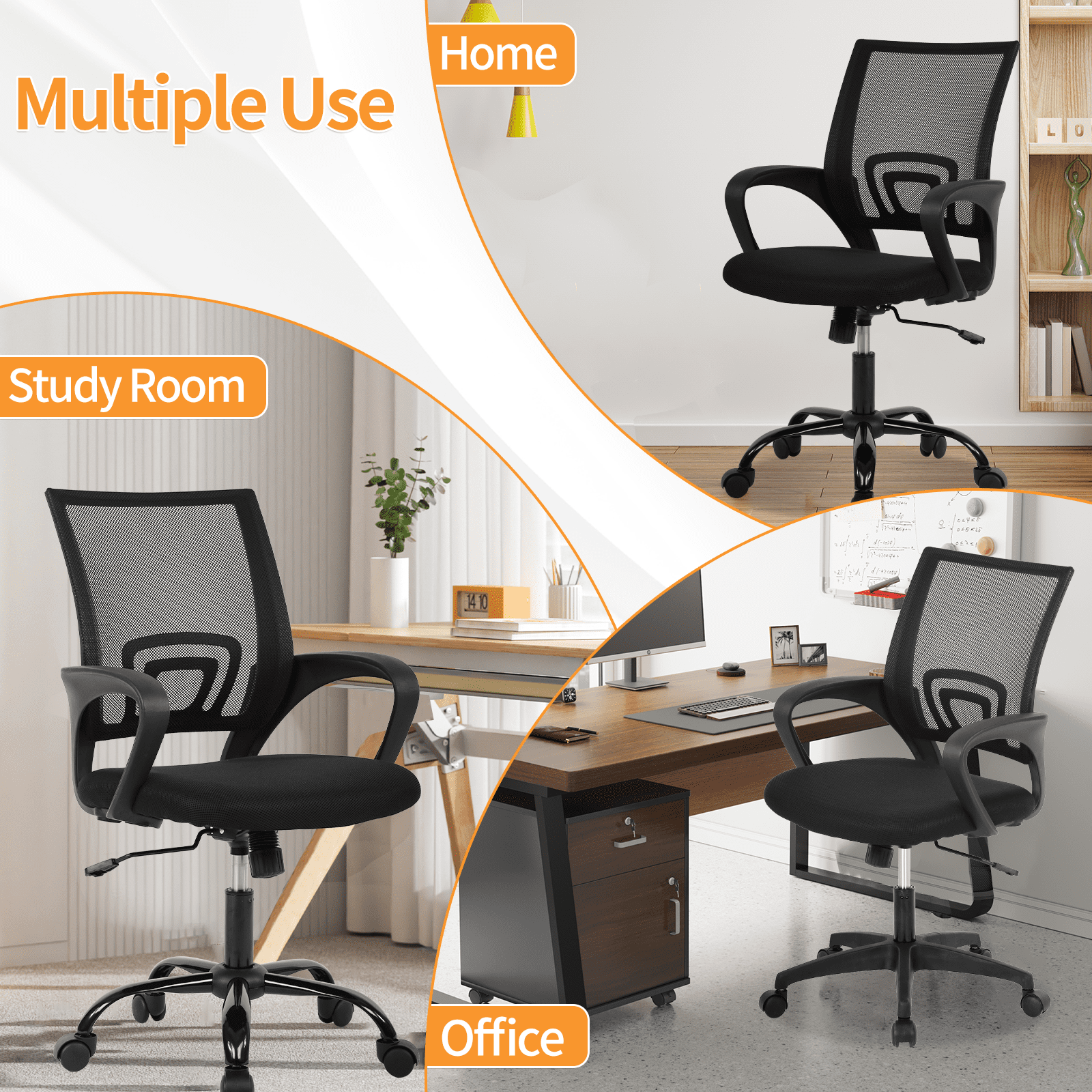 Mid Back Desk Chair Mesh Office Chair Task Rolling Swivel Chair Computer Chair with 360° Casters & Armrest, Black