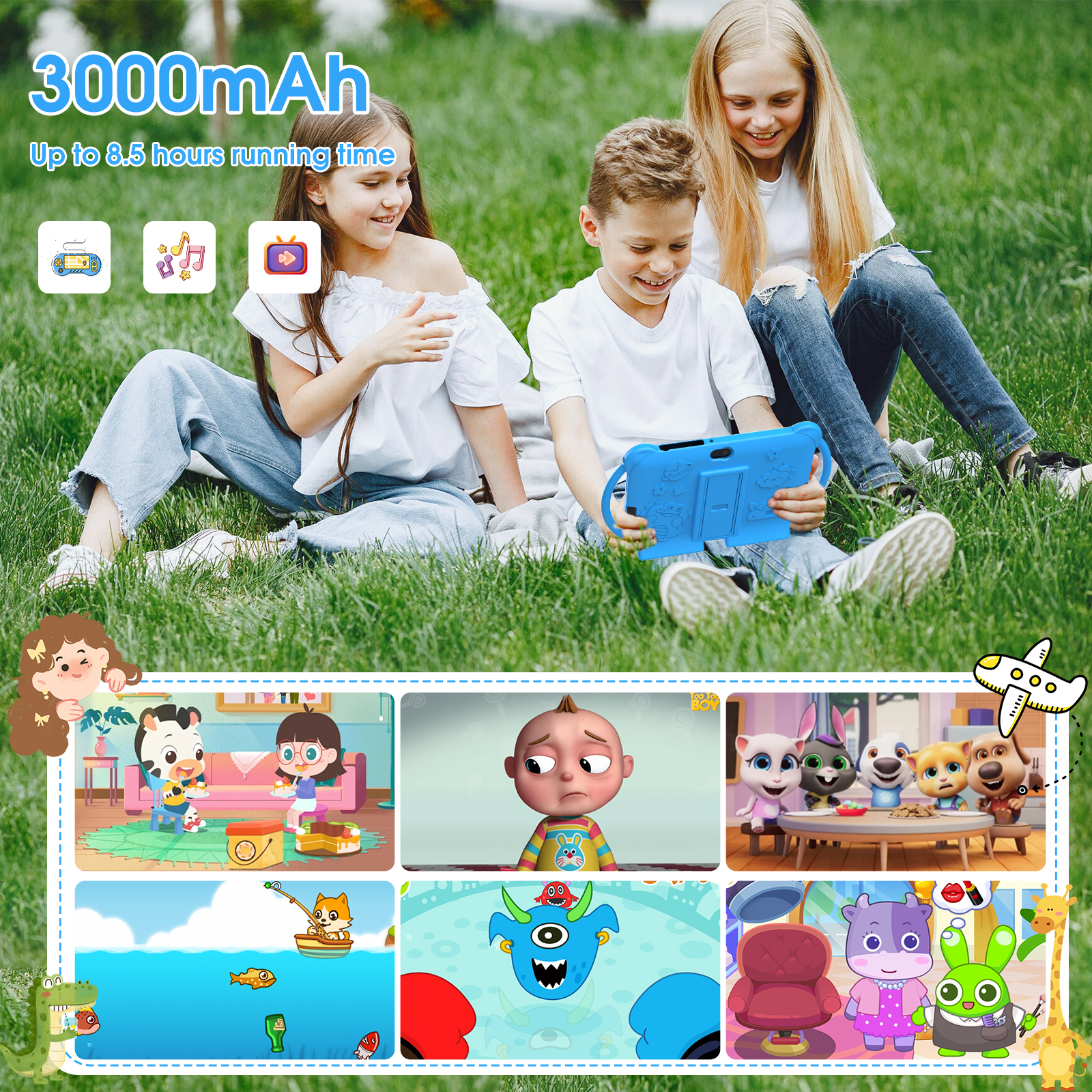 Kids Tablet, 7 inch Android 12 Tablet for Kids, 4GB RAM 32GB ROM 512GB Expand, Toddler Tablet with Parental Control, IPS Screen, Dual Camera, Educational, Games, Shockproof Case for Boys/Girls, Blue