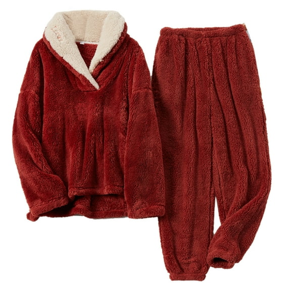 Flannel Women Pajamas Set Autumn Winter Warm Thick Velvet Long Sleeve Lapel Pullover Top and Pants Fleece Sleepwear