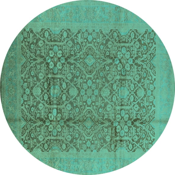 Ahgly Company Machine Washable Indoor Round Oriental Turquoise Blue Industrial Area Rugs, 3' Round