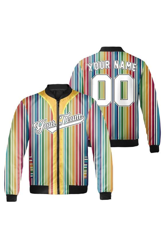 Custom Name Number Pride Bomber Jacket, Rainbow Vertical Stripes Graphic, LGBT Pride Month Colorful Zip Up Jacket