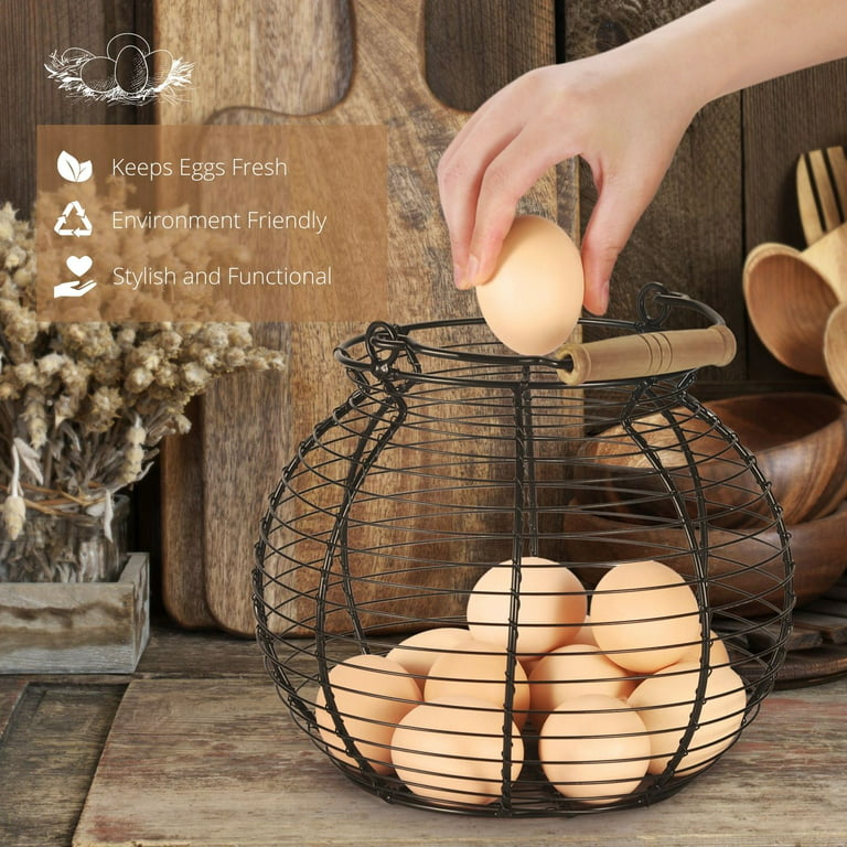 Chicken Egg Basket Wire Egg Holder with Wooden Handles for Egg