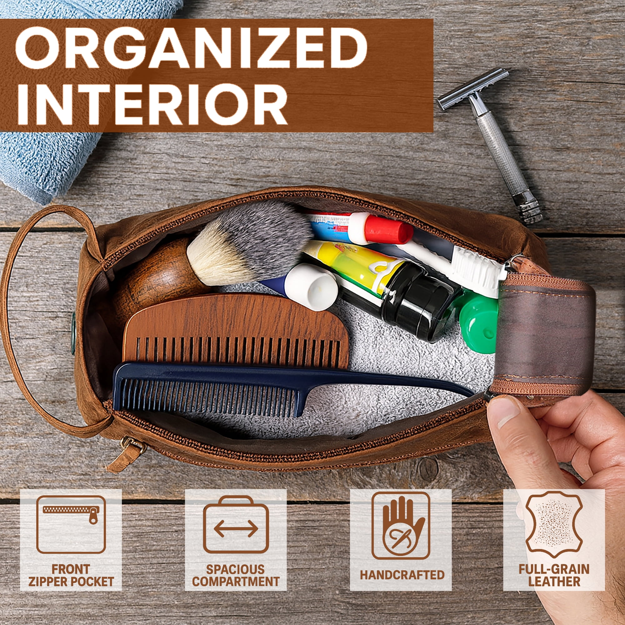 Leather Toiletry Bag for Men & Women - Hygiene Organizer Shaving Dopp Kit Travel Cosmetic Case by Rustic Town