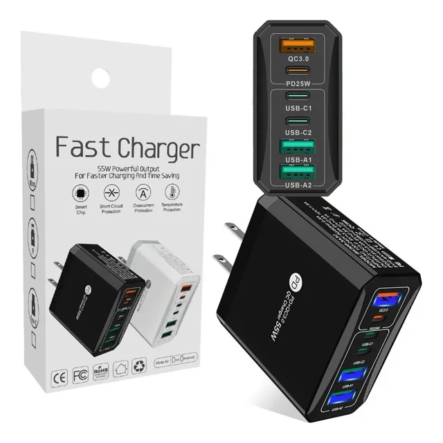 Cargador de Pared Multipuertos 55W con 3 USB-C y 3 USB-A Carga Rápida