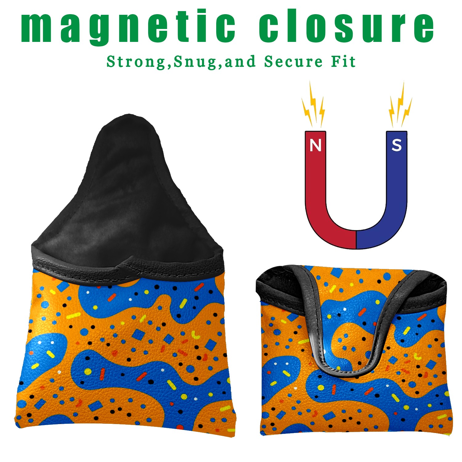 Golf Mallet Putter Cover Premium Leather Golf Putter Head Cover with Magnetic Closure Golf Cover for Men and Women Orange Blue Polka Dots