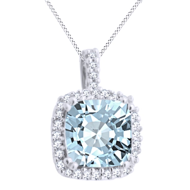 Jewel Zone US Cushion Cut Simulated Blue Aquamarine With Accent Halo