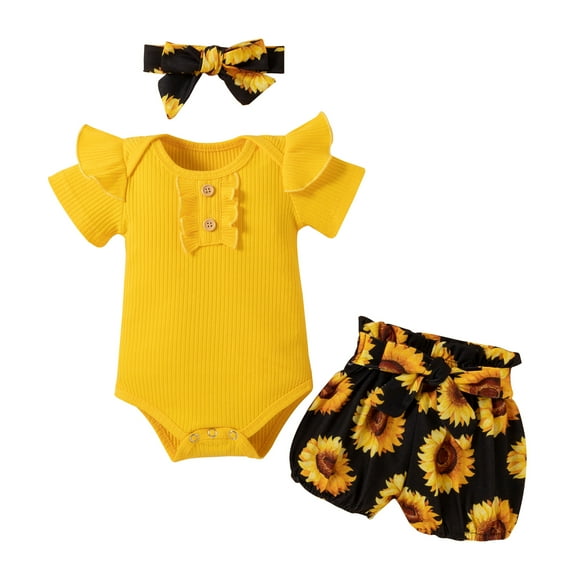 Dooleck Baby Girl Clothes Infant Ribbed Ruffle Bodysuit Sunflower Shorts Outfit Set