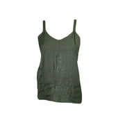 Mogul Bohemian Tank Top Strappy Green Embroidered Comfy Cami Blouse S