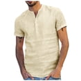 thumbnail image 2 of WREESH Men's Summer Casual Henley Shirt Loose Cotton and Linen Solid T-Shirt Short Sleeve V-Neck Tops Khaki, 2 of 5