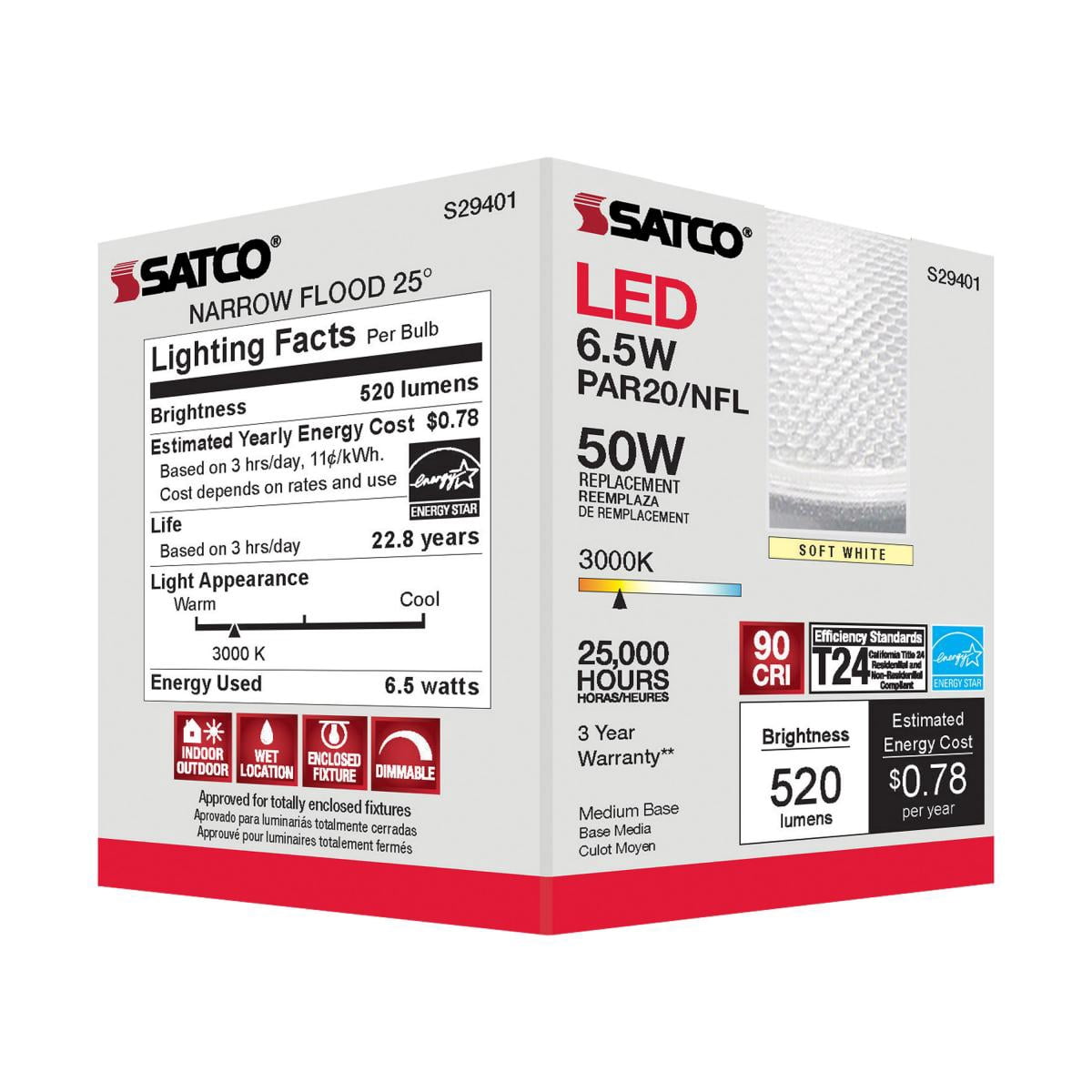 SATCO S29401 PAR20 E26 Medium Base LED Bulb 6.5W 120V 3000K (6 Pack)