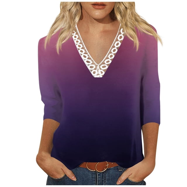 Pompotops T-shirt Imprimé Loose Mode Femme Manches 3/4 Chemisier Dentelle Col Rond Manches Décontractées