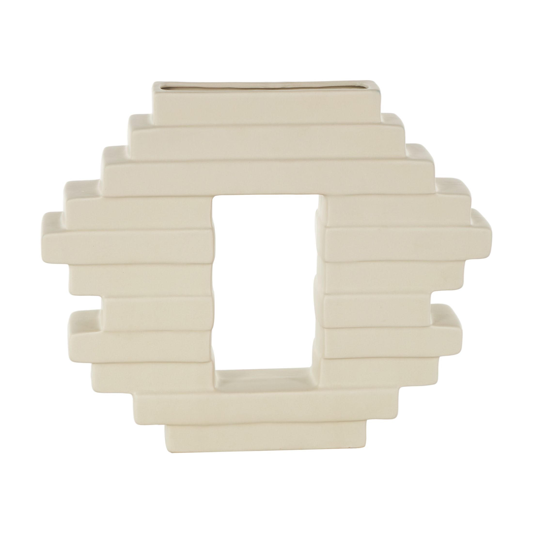 DecMode 10" Abstract Cream Ceramic Vase with Rectangular Center Cutout
