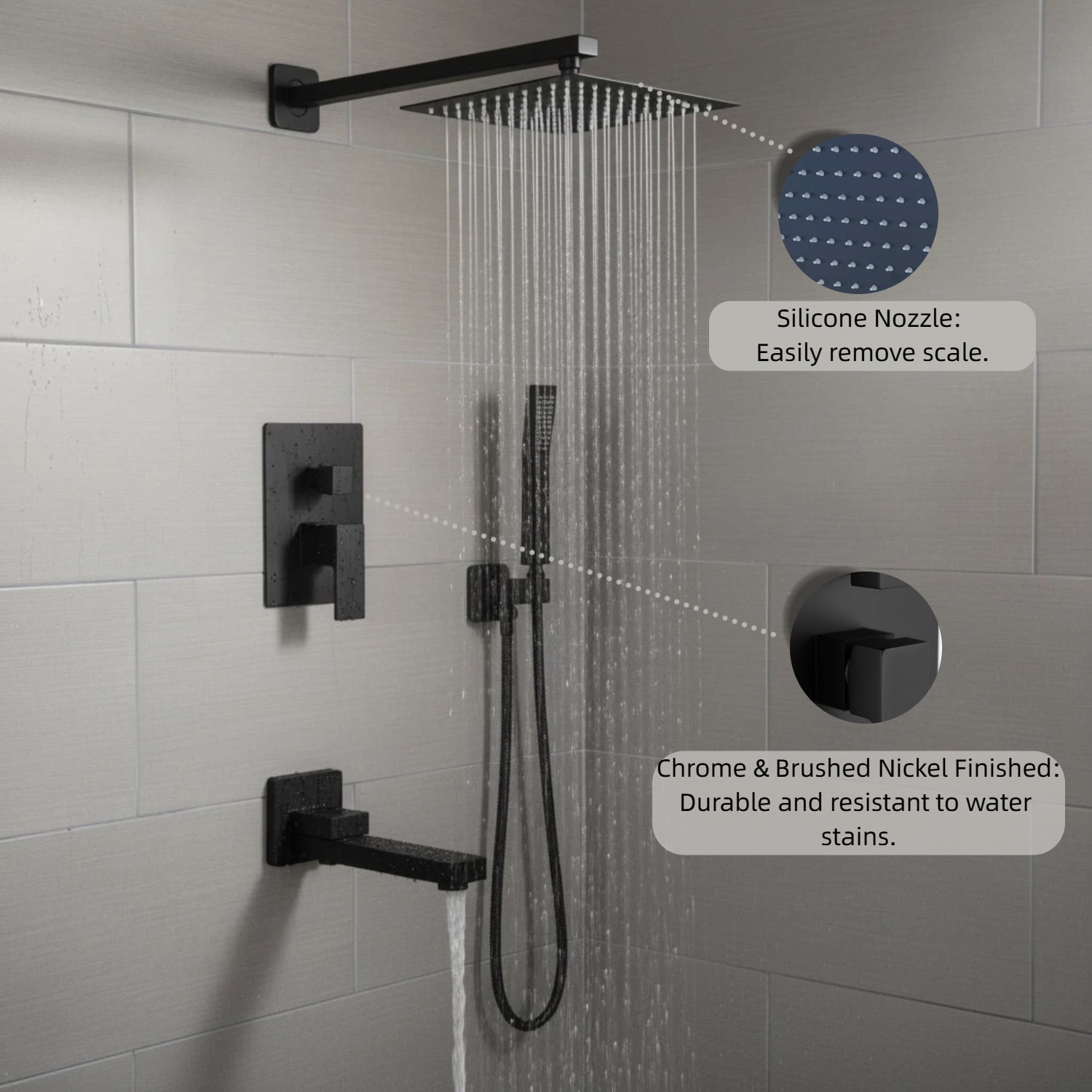 ROOMISLAND Shower System with Tub Spout Wall Mounted Rain Shower Head and Handle Combo Shower Faucet Set with Valve, Matte Black
