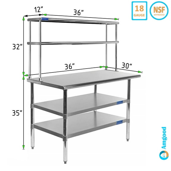 30" x 36" Stainless Steel Work Table With Two Shelves | 12" Wide Double Tier Overshelf | Metal Kitchen Prep Table & Shelving Combo