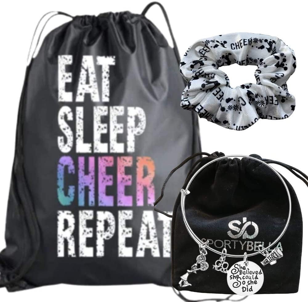 Cheerleader Gift Bundle, Cheer She Did Bangle Bracelet, Drawstring Bag and Scrunchie Gift Set, Girls and Women Cheerleading Accessories, Premium Cheer Scrunchie for Cheerleaders and Teams