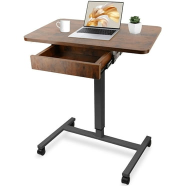 CLATINA Mobile Laptop Standing Desk, Height Adjustable Teacher Podium with Lockable Wheels, Adjustable Work Table with Drawer, Computer Cart Overbed Table for Home Office Classroom, Brown