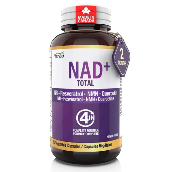 Herba Supplément de NAD+ 550 Mg – 60 Capsules / 4-en-1 NAD Plus Total avec Nicotinamide Riboside (NR), β-NMN, Resvératrol et Quercétine / Fabriqué au Canada