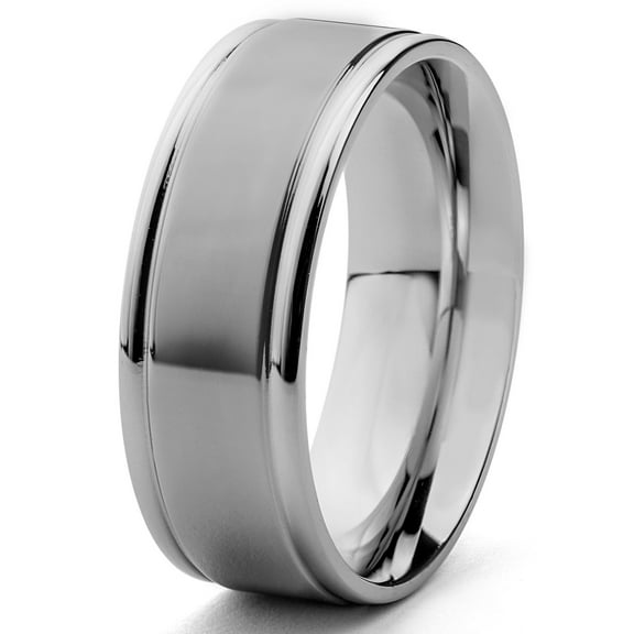 Crucible Jewelry Men's Brushed and Polished Grooved Edges Steel Ring (8mm)