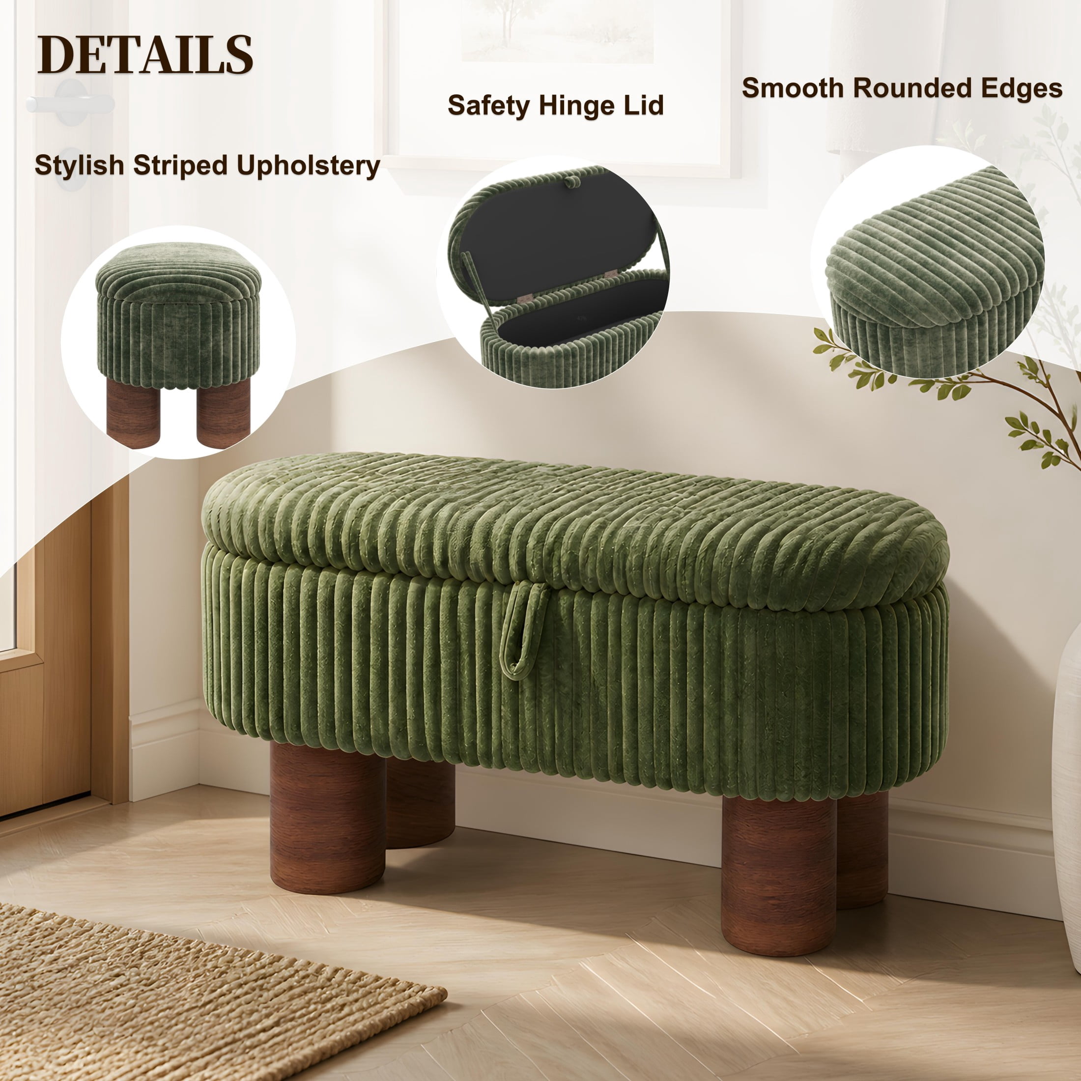 Christopher Knight Home 43" Modern Ottoman Bench, Corduroy Upholstery with Hidden Storage, Green