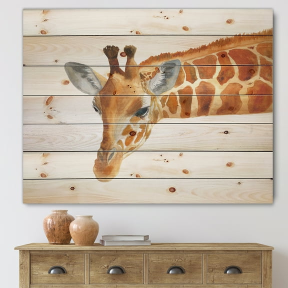 Designart 'Close Up Portrait of A Giraffe IX' Farmhouse Print on Natural Pine Wood
