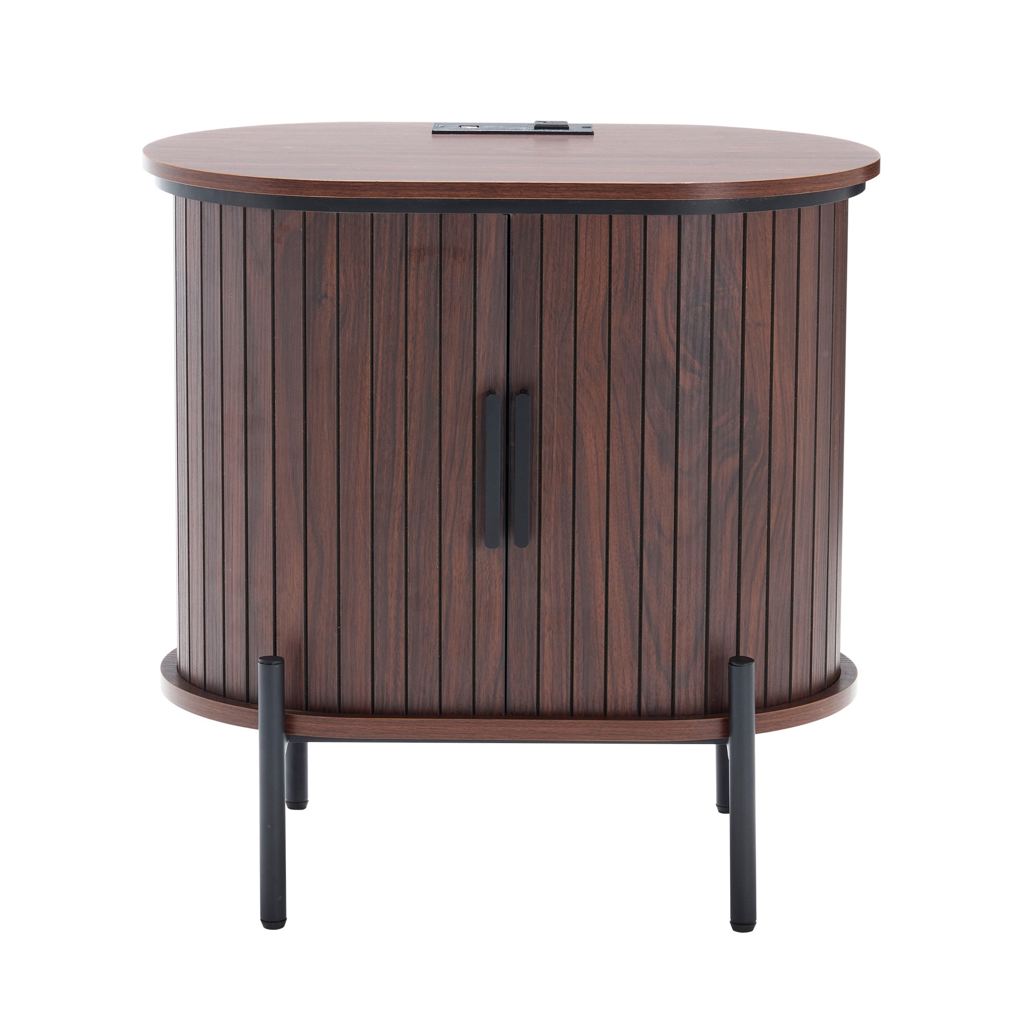 Ebello Nightstand with Built-in Charging Station, Modern Oval End Table with Storage, Sliding Door & Raised Base for Bedroom and Entryway, Walnut