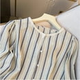 thumbnail image 3 of Ladies Lace Striped Long Sleeve Blouse Crew-neck Single Breasted Loose Version, 3 of 9
