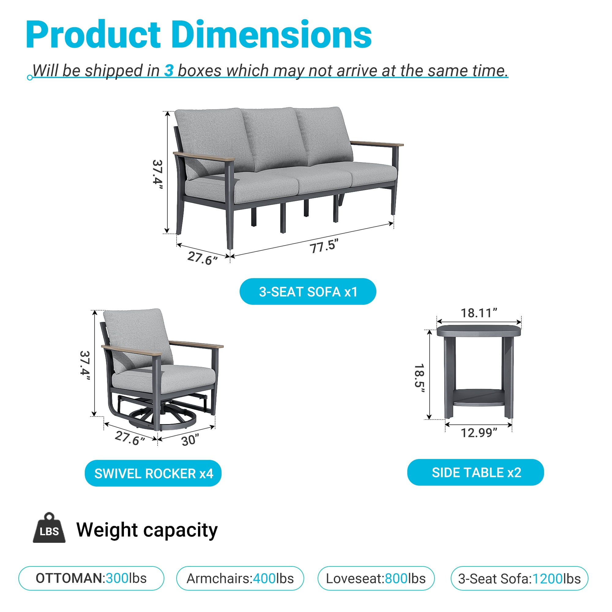 Sweecci 7 Pieces Aluminum Patio Furniture Set, 360° Swivel Rocking Chairs, Patio Conversation Sets, 5.1" Cushions, 3.3" Wide Armrests Outdoor Couch for Backyard, Deck, Poolside,Gray