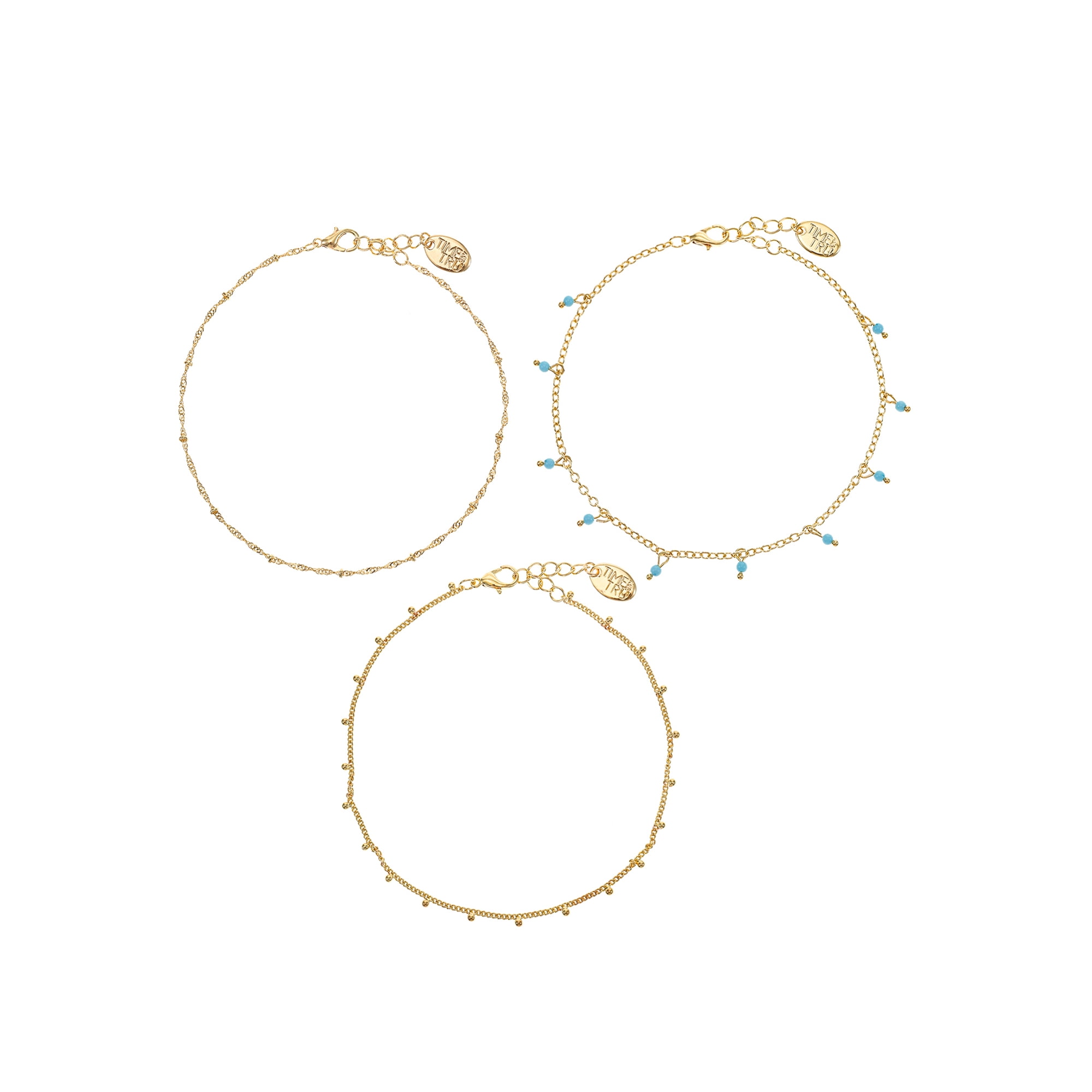 Time and Tru Turquoise Layered Anklet Set, Fashion Jewelry, Goldtone, 3 Pieces, 9.5 in, withExtender