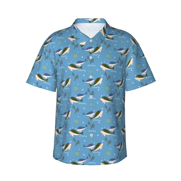 Balery Dolphin Lovers Camisas hawaianas de manga corta para hombre, camisas playeras de corte holgado, camisas de vacaciones con botones,Medium