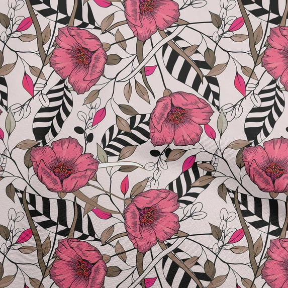 oneOone Cotton Cambric Pink Fabric Tropical Floral Craft Projects Decor Fabric Printed By The Yard 56 Inch Wide