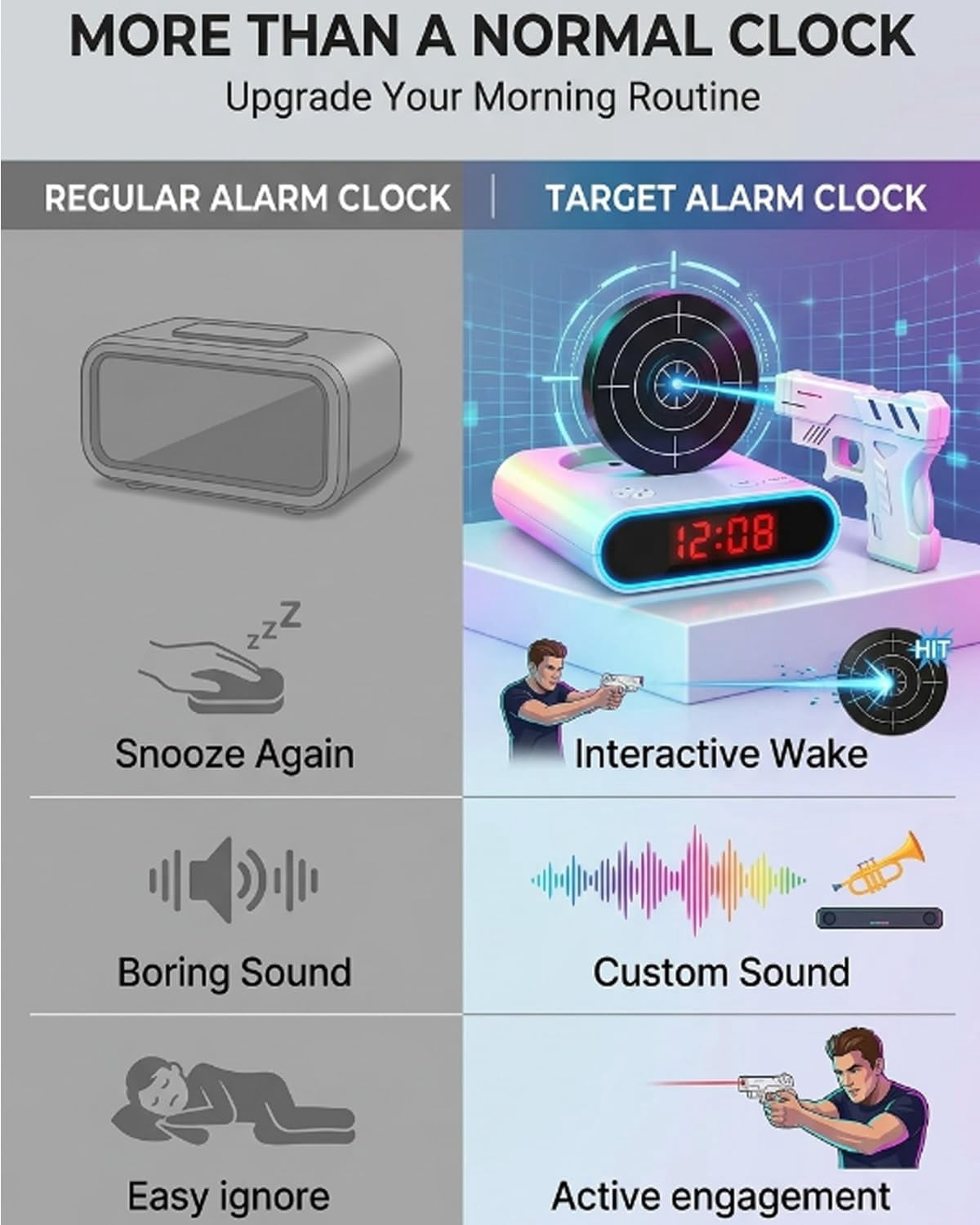 Target Alarm Clock with Shooting Game Digital Shot Timer Alarm Clock Interactive Wake You Shoot Personalized LED Display Bedside  Adults Fun Gift Bedroom Office