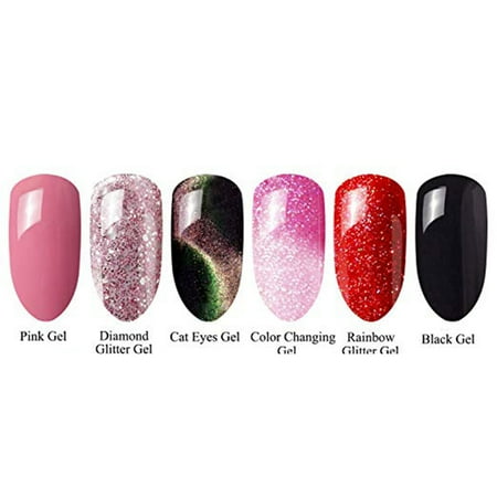 Glitter Gel Tube NK Gel Nail Polish Soak Off UV LED Nail Lamp - 6 Colors Nail Collection Rainbow Glitter Gel Cat Eyes Color Changing Chameleon ()