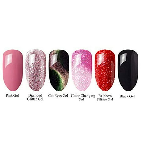 NK Gel Nail Polish Soak Off UV LED Nail Lamp - 6 Colors Nail Collection Rainbow Glitter Gel Cat Eyes Color Changing