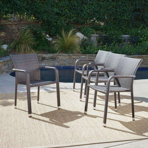 Dorside Outdoor Multibrown Wicker Armed Stacking Chairs with an Aluminum Frame, Set of 4