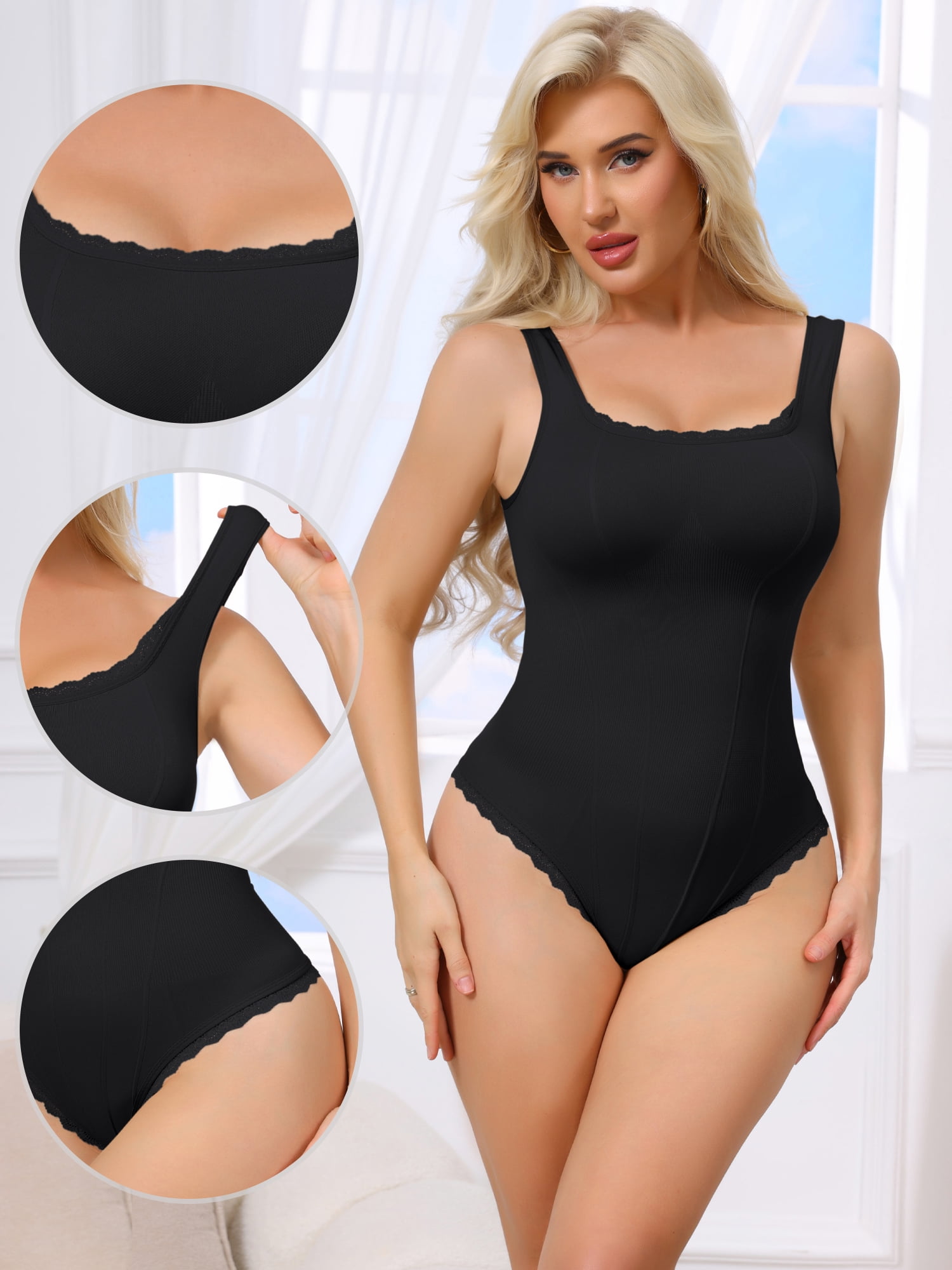 DARING DIVA Women's Lace Trim Bodysuit Square Neck Ribbed Thong XX-Large Black
