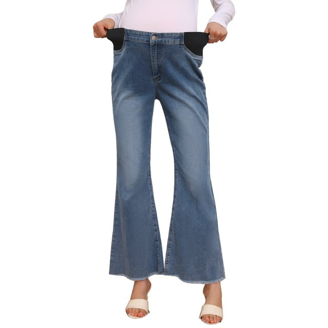 INSPIRE CHIC Pantalones de maternidad de mezclilla para mujer, corte acampanado, elásticos, de tiro medio, con dobladillo deshilachado, pantalones de embarazo, jeggings XL en gris y azul