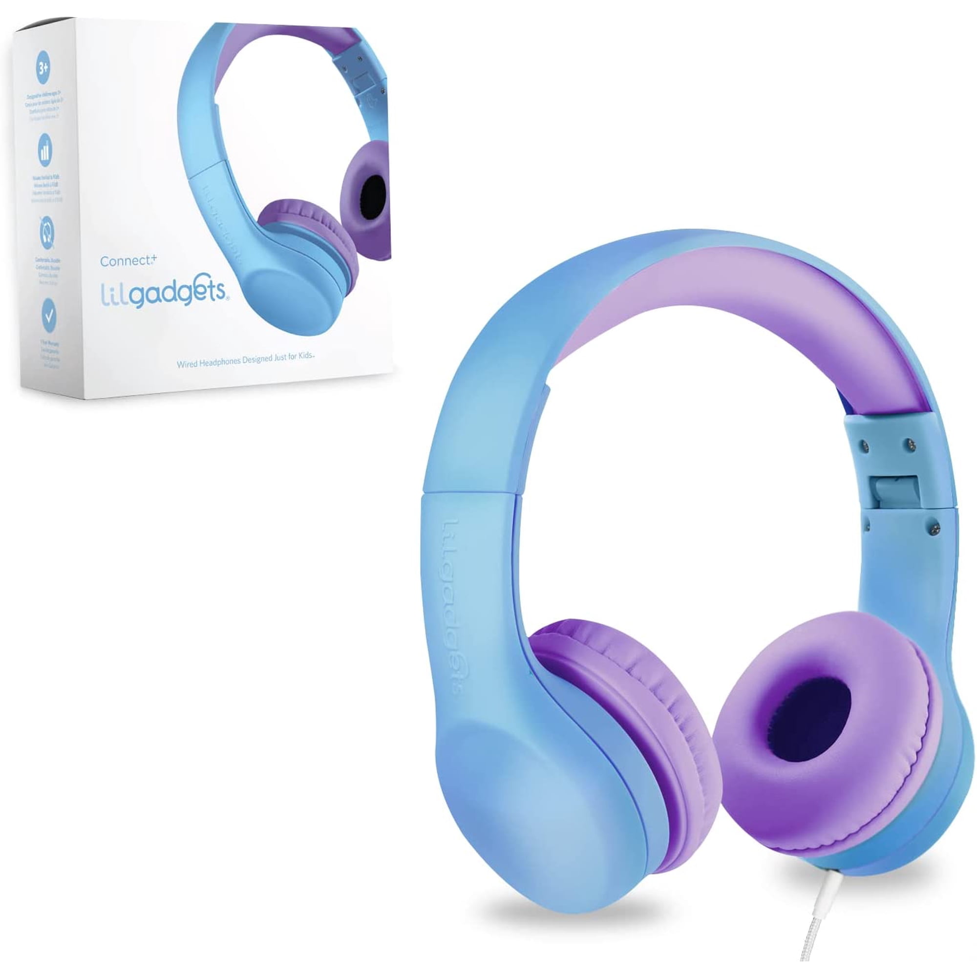 LilGadgets Connect+ Kids Wired Headphones with Microphone, Volume Limiting for Safe Listening, Adjustable Headband, Cushioned Earpads to ensure Comfort, For Kids, Toddlers, Boys & Girls, Blue/Purple