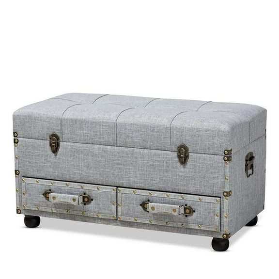 Bowery Hill Grey Upholstered 2-Drawer Storage Trunk Ottoman