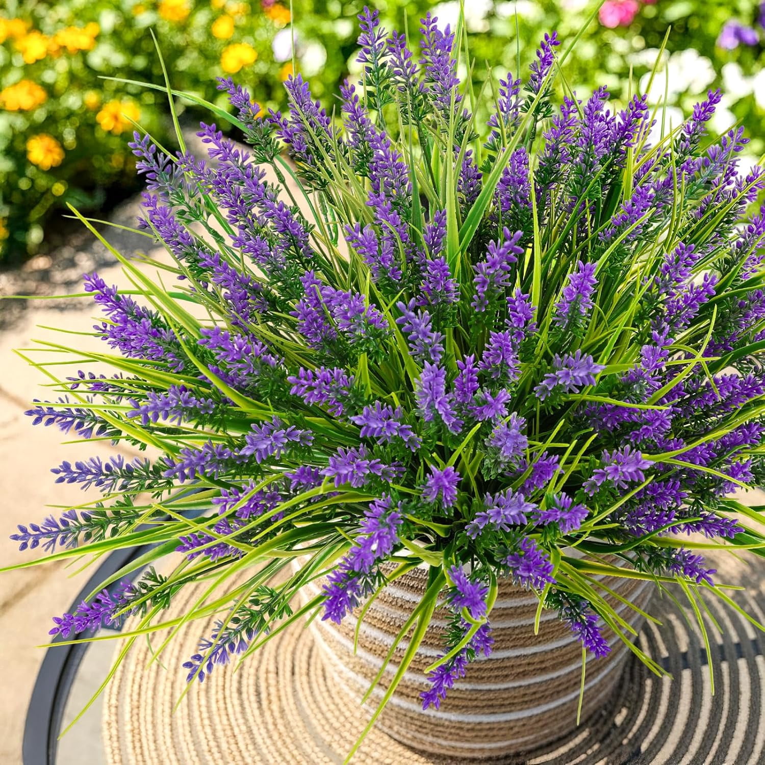 N&T NIETING Artificial Plants Outdoor, 20 Bundles Fake Monkey Grass with Spring Flowers, UV Resistant Faux Plants for Garden Window Office Patio Hanging Planter Pathway Front Porch Home(Purple)