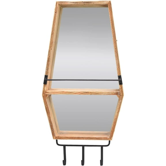 Farmhouse Wood Framed Wall Mirror for Entryway Bathroom Living Room Bedroom Wall Decor, Wall Mounted Hanging Entry Mirror with Hooks Rustic Decorative Mirror for Wall Home Decor (13.78x28)