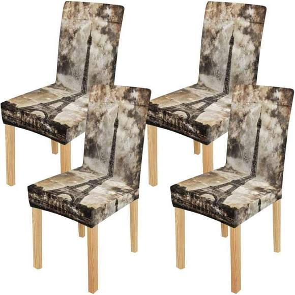 POGLIP Aged Vintage Tour Eiffel in Paris Stretch Chair Cover Protector Seat Slipcover for Dining Room Hotel Wedding Party Set of 4
