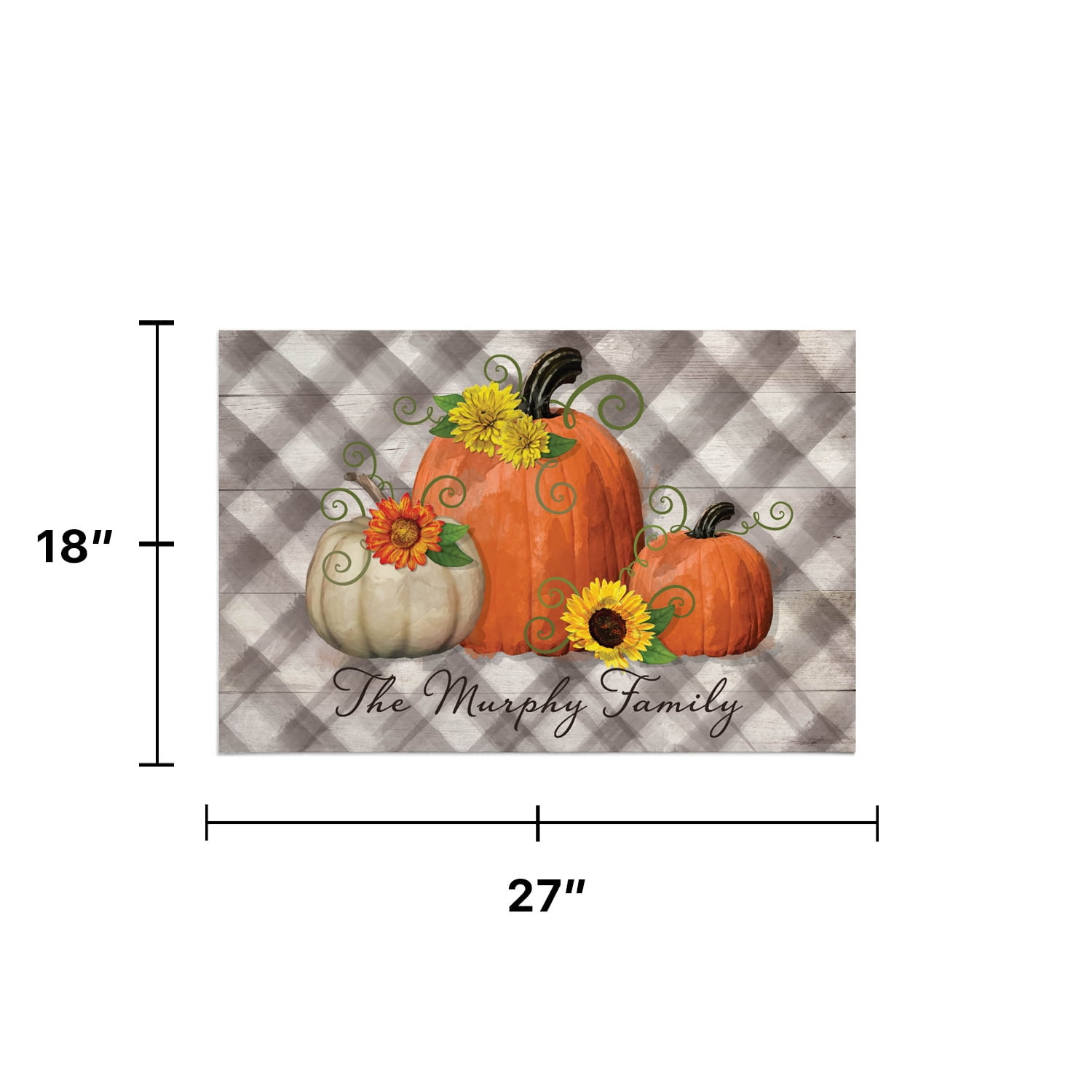 Personalized Planet 27x18 Happy Harvest Pumpkins Doormat with Custom Family Name Printed on Gray Rectangular 1/4” Thick Non Slip Mat for Kitchen Hallway Deck or Porch