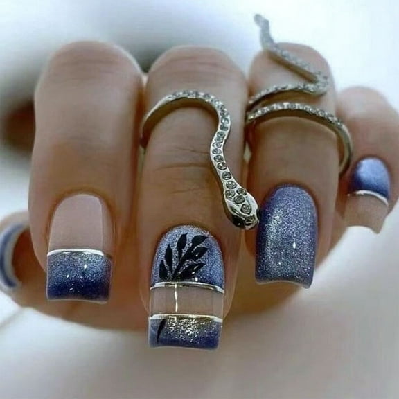 24 Pcs Blue Artificial Nails Mediums Square Full Covers False Nails Glittering Stick on Nails Leaves Press On Nails